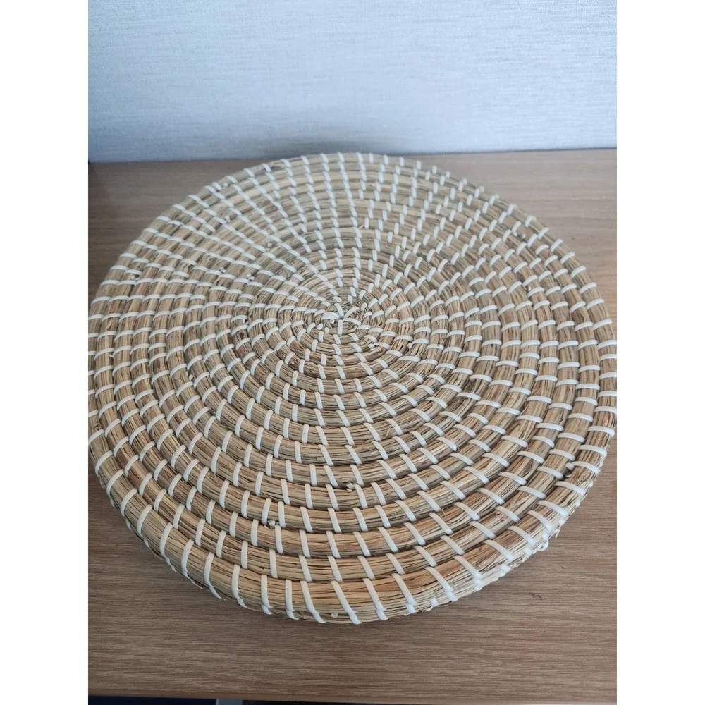 Vintage Hand Woven Round Coil Serving Tray Beaded Edge Basket Made‎ In Vietnam